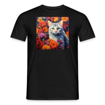 Katze, katzenmotiv, blumen, geschenk, geschenkidee - Männer T-Shirt - Schwarz - Vorne - AI Model Male 178 light (178cm)
