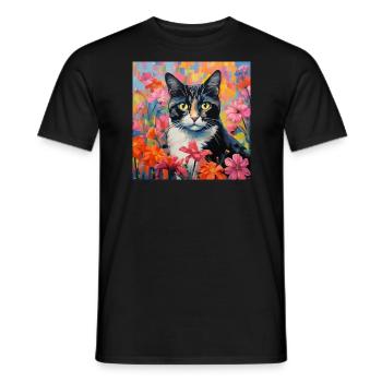 chat, motif de chat, fleurs, cadeau, idée cadeau - T-shirt homme - noir - Devant - AI Model Male 178 light (178cm)