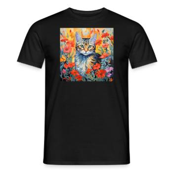 cat, cat motif, flowers, gift, gift idea - Men's T-Shirt - black - Front - AI Model Male 178 light (178cm)