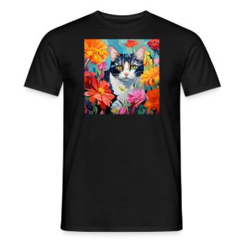 Katze, katzenmotiv, blumen, geschenk, geschenkidee - Männer T-Shirt - Schwarz - Vorne - AI Model Male 178 light (178cm)