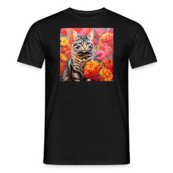 Katze, katzenmotiv, blumen, geschenk, geschenkidee - Männer T-Shirt - Schwarz - Vorne - AI Model Male 178 light (178cm)