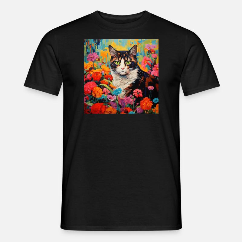 Katze, katzenmotiv, blumen, geschenk, geschenkidee - Männer T-Shirt - Schwarz