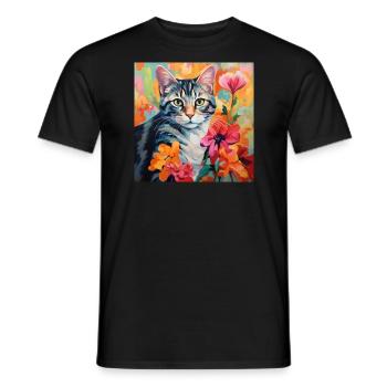 chat, motif de chat, fleurs, cadeau, idée cadeau - T-shirt homme - noir - Devant - AI Model Male 178 light (178cm)