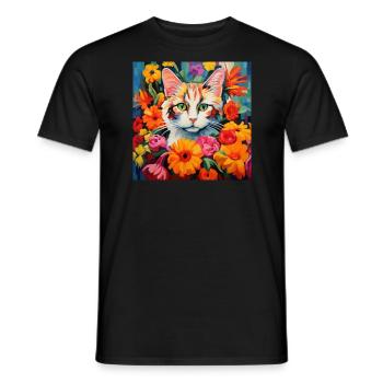 Katze, katzenmotiv, blumen, geschenk, geschenkidee - Männer T-Shirt - Schwarz - Vorne - AI Model Male 178 light (178cm)