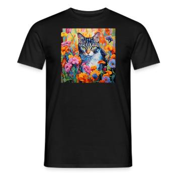 chat, motif de chat, fleurs, cadeau, idée cadeau - T-shirt homme - noir - Devant - AI Model Male 178 light (178cm)