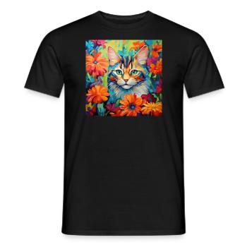 Katze, katzenmotiv, blumen, geschenk, geschenkidee - Männer T-Shirt - Schwarz - Vorne - AI Model Male 178 light (178cm)