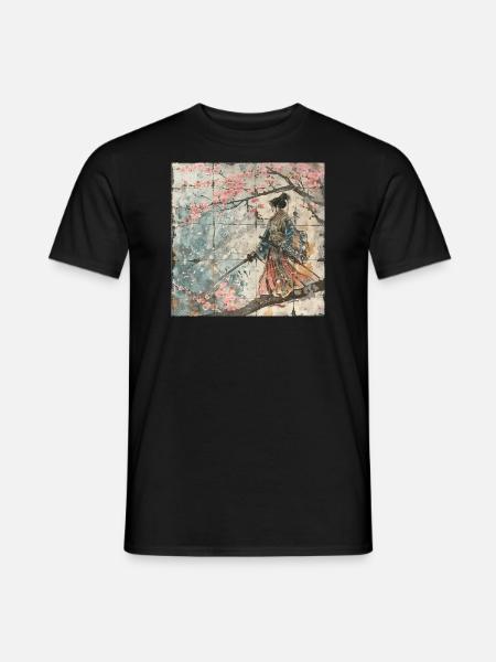 Japonais, Samouraï, Cerisier en fleurs, Art, Ukiyo-e - T-shirt homme - noir
