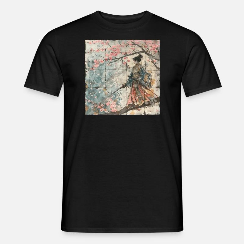 Japonais, Samouraï, Cerisier en fleurs, Art, Ukiyo-e - T-shirt homme - noir