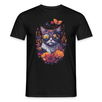 Floral Illustration einer Katze mit Sonnenbrille - Männer T-Shirt - Schwarz - Vorne - AI Model Male 178 light (178cm)