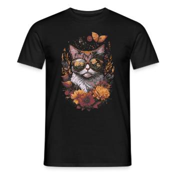 Floral Illustration einer Katze mit Sonnenbrille - Männer T-Shirt - Schwarz - Vorne - AI Model Male 178 light (178cm)