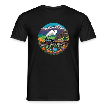 Train de chemin de fer nostalgique coloré avec locomotive à vapeur - T-shirt homme - noir - Devant - AI Model Male 178 light (178cm)