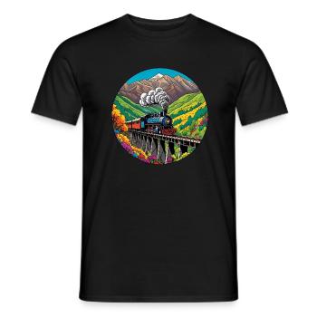 Train de chemin de fer nostalgique coloré avec locomotive à vapeur - T-shirt homme - noir - Devant - AI Model Male 178 light (178cm)
