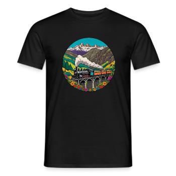Train de chemin de fer nostalgique coloré avec locomotive à vapeur - T-shirt homme - noir - Devant - AI Model Male 178 light (178cm)