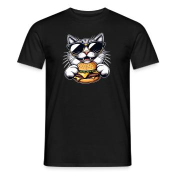 Cool cat nerd eating hamburger cheeseburger - Men's T-Shirt - black - Front - AI Model Male 178 light (178cm)