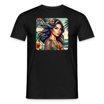 Jolie fille de plage avec des tatouages et des fleurs - T-shirt homme - noir - Devant - AI Model Male 178 light (178cm)