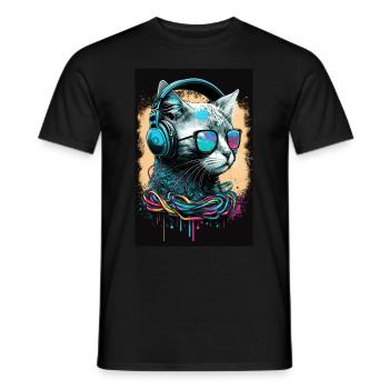 Casque Chat Lunettes de soleil rétro Casque Pop - T-shirt homme - noir - Devant - AI Model Male 178 light (178cm)
