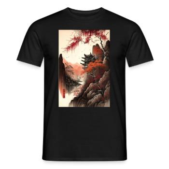 Paysage chinois Rouge Noir Temple à l’encre - T-shirt homme - noir - Devant - AI Model Male 178 light (178cm)
