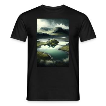 Paysage surréliste montagnes prairies d’étangs fluviaux - T-shirt homme - noir - Devant - AI Model Male 178 light (178cm)