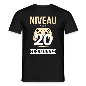 Anniversaire 20 ans - Niveau 20 débloqué - Gamer - T-shirt homme - noir - Devant - AI Model Male 178 light (178cm)