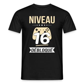 Anniversaire 16 ans - Niveau 16 débloqué - Gamer - T-shirt homme - noir - Devant - AI Model Male 178 light (178cm)