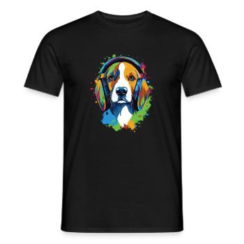Beagle portant des écouteurs illustration colorée - T-shirt homme - noir - Devant - AI Model Male 178 light (178cm)