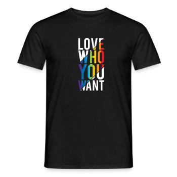 Love who you want LGBTQ GAY Pride Rainbow FLAG - Men's T-Shirt - black - Front - AI Model Male 178 light (178cm)