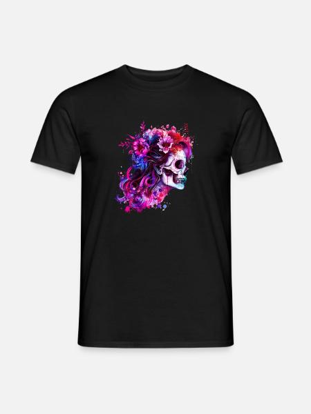 Totenkopf, Frau mit Blumen, Lady, Schönheit - Männer T-Shirt - Schwarz