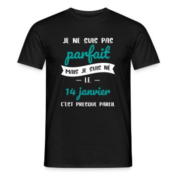 Anniversaire - Pas parfait mais né le 14 Janvier - T-shirt homme - noir - Devant - AI Model Male 178 light (178cm)