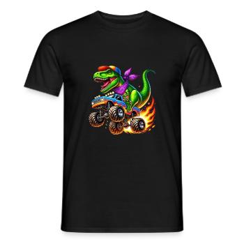 Adventurous dinosaur on monster truck - Men's T-Shirt - black - Front - AI Model Male 178 light (178cm)