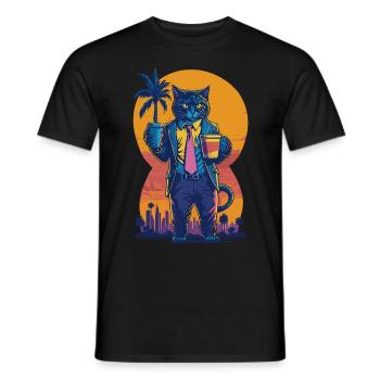80's illustration of a cat with a coffee cup - Men's T-Shirt - black - Front - AI Model Male 178 light (178cm)