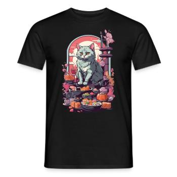 Retro Katze Sushi Sashimi Ukiyo-E Kunststil - Männer T-Shirt - Schwarz - Vorne - AI Model Male 178 light (178cm)