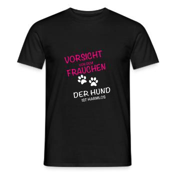 Vorsicht vor dem Frauchen - der Hund ist harmlos - Männer T-Shirt - Schwarz - Vorne - AI Model Male 178 light (178cm)