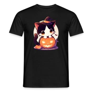 Chat mignon d’Halloween avec citrouille Kawaii Anime - T-shirt homme - noir - Devant - AI Model Male 178 light (178cm)