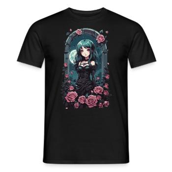 Gothic Pastel Anime Girl Victorian with Roses - Men's T-Shirt - black - Front - AI Model Male 178 light (178cm)