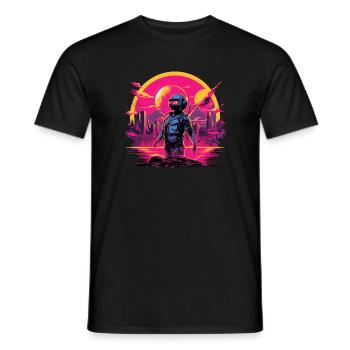 Adventurer in future planet synthwave 80s style - Men's T-Shirt - black - Front - AI Model Male 178 light (178cm)