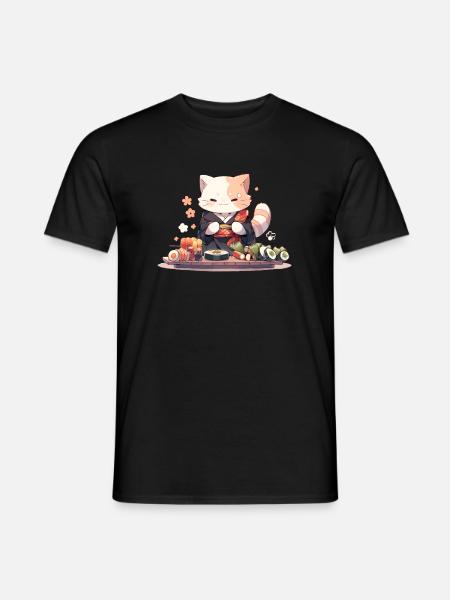 Samurai Cat eat Sushi - Men's T-Shirt - black