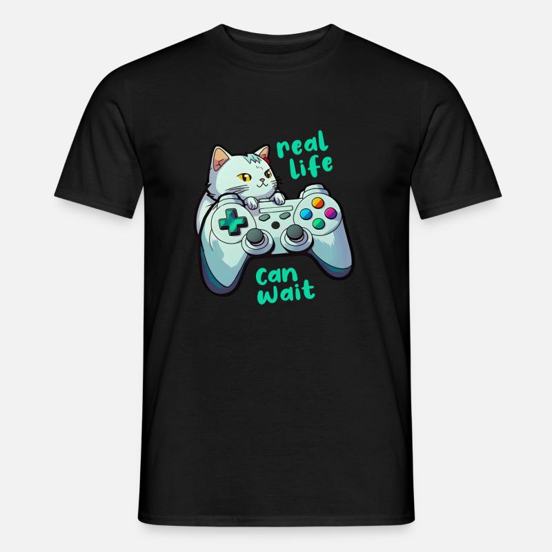 Gamer Katze Controller Spruch Real Life Can Wait - Männer T-Shirt - Schwarz