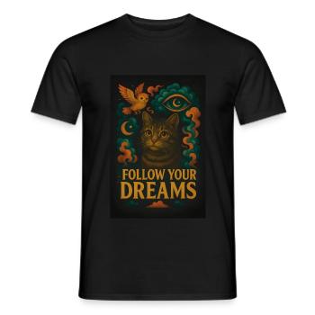 Mystical Cat – Follow Your Dreams Design - Men's T-Shirt - black - Front - AI Model Male 178 light (178cm)