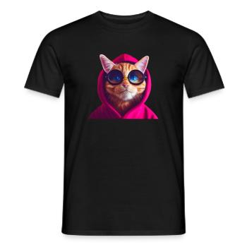 Ginger Cute Cat in colored hoodie with glasses - Men's T-Shirt - black - Front - AI Model Male 178 light (178cm)