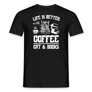 Life is Better with Coffee Cat and Books - Männer T-Shirt - Schwarz - Vorne - AI Model Male 178 light (178cm)