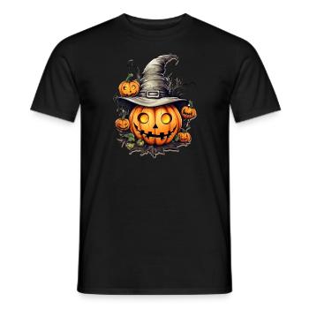 Pumpkin head wearing a witch hat, halloween - Men's T-Shirt - black - Front - AI Model Male 178 light (178cm)