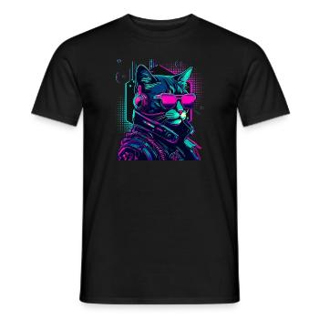 Cyberpunk Katze mit Sonnebrille - Männer T-Shirt - Schwarz - Vorne - AI Model Male 178 light (178cm)