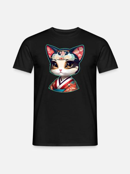 Niedliche Samurai Katzen Dame Anime Manga - Männer T-Shirt - Schwarz