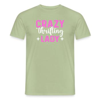 Crazy thrifty lady. Second-hand shop. - Men's T-Shirt - sage - Front - AI Model Male 178 light (178cm)