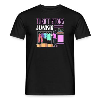 Accro à l’épargne. Magasin de seconde main. Frugal - T-shirt homme - noir - Devant - AI Model Male 178 light (178cm)