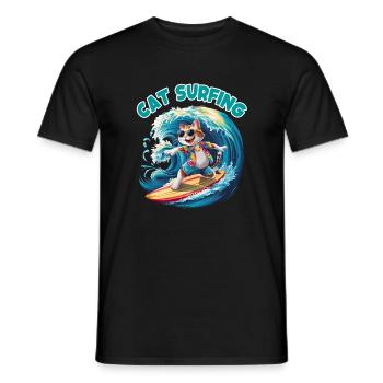Funny cat with sunglasses on surfboard - Men's T-Shirt - black - Front - AI Model Male 178 light (178cm)