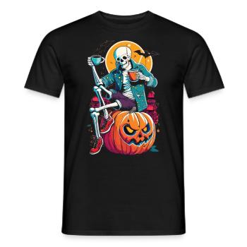 Skelett auf Kürbis - Kaffeepause im Halloween-Stil - Männer T-Shirt - Schwarz - Vorne - AI Model Male 178 light (178cm)