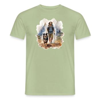 Walker with dog, polygon style - Men's T-Shirt - sage - Front - AI Model Male 178 light (178cm)