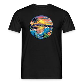 Enchanting waves, sandy beach, palm trees, sea - Men's T-Shirt - black - Front - AI Model Male 178 light (178cm)