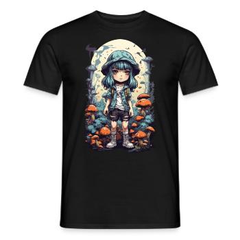 Psychedelic Adventure Anime Forest Mushroom Design - Men's T-Shirt - black - Front - AI Model Male 178 light (178cm)